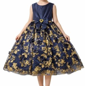 Rare Editions Navy Blue Gold Floral Girls Party Dress Size 14 Bow Heart